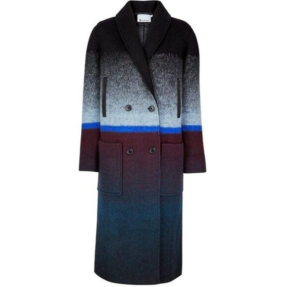 T by Alexander Wang Horizon Stripe Double-Breasted Ombre Wool Car Coat - Picture 3 of 15